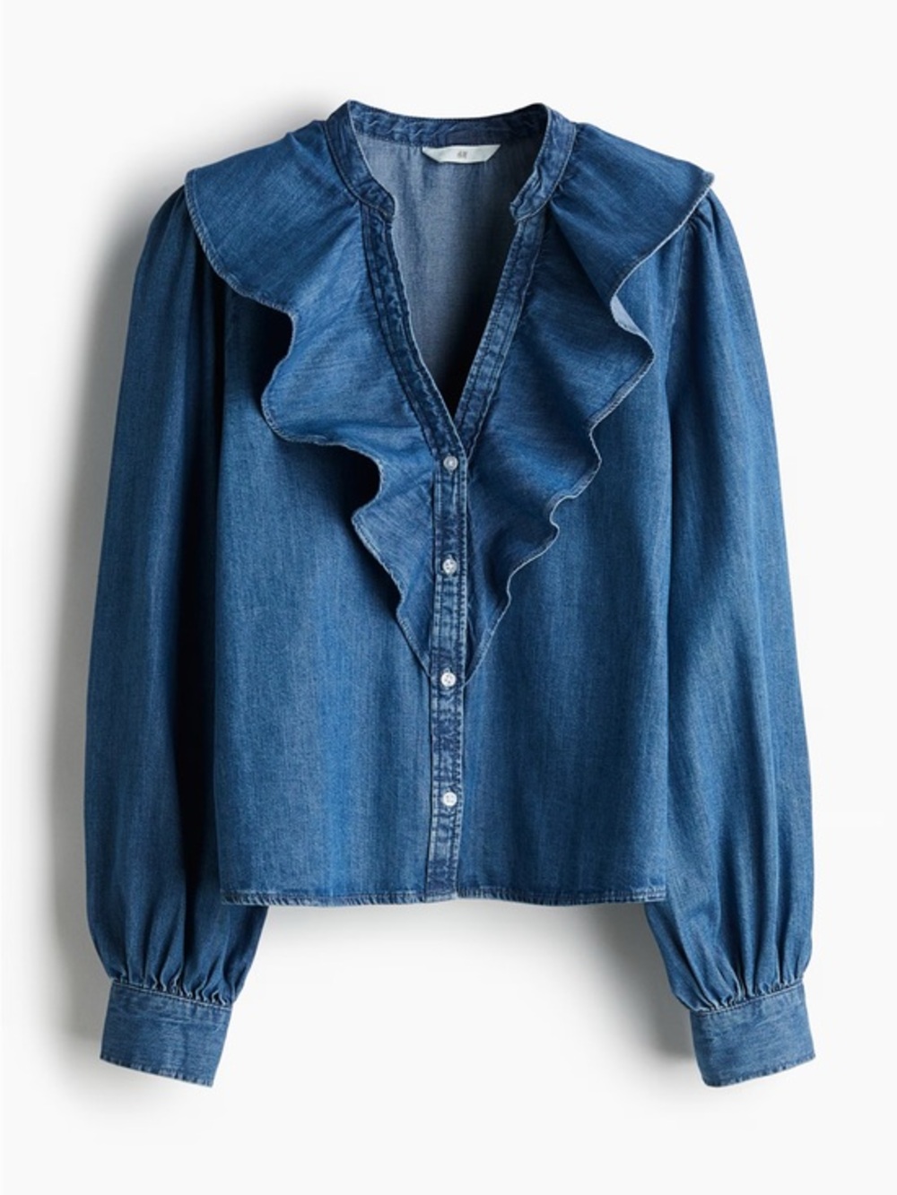 H&M Blue Denim Ruffle-Front Button Shirt